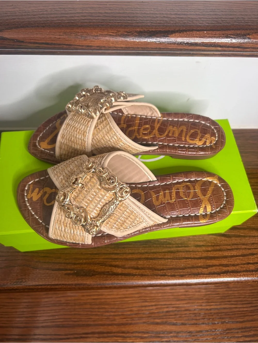 Sam Edelman Gracyn Woven Natural Crossband Slide Sandal with Gold Buckle, 5M - Picture 9 of 15